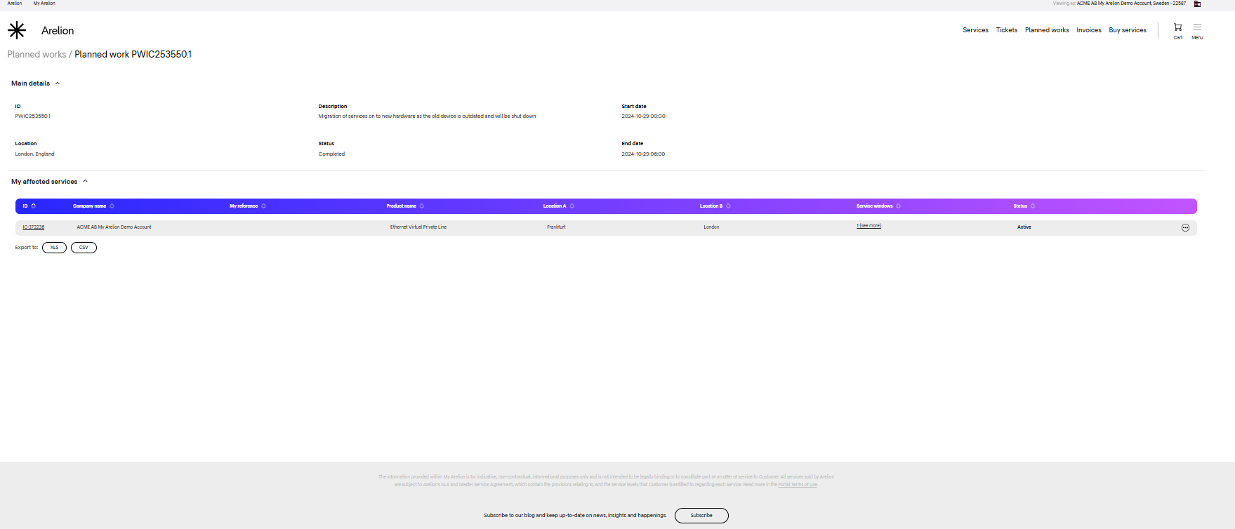 View of My Arelion customer portal